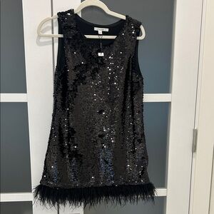 Black Sequin Mini Dress with bottom hem feathers